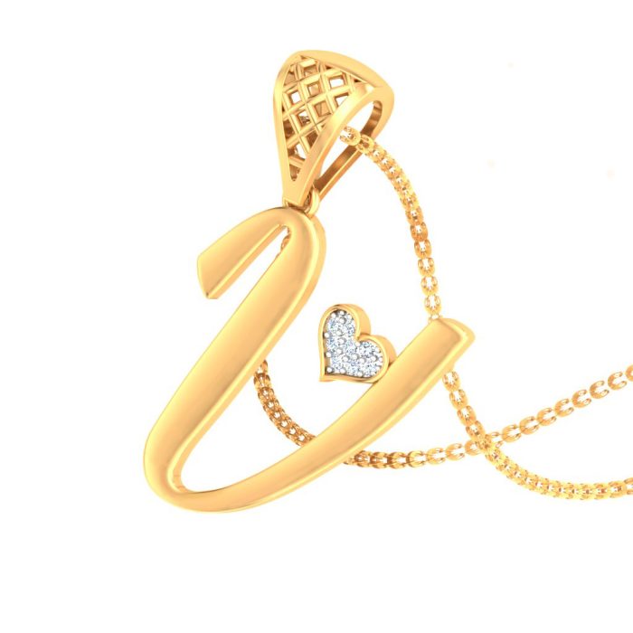 Ishi Diamonds Elegant 18k Gold V Alphabet Lab Grown Diamond Pendant